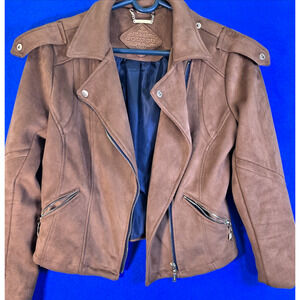 Joujou Women's Small Brown Faux Suede Moto Biker Jacket Full Zip Epaulets